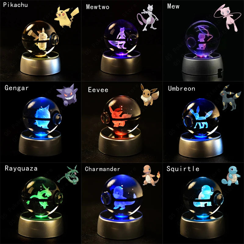 Pokemon 3D Crystal Ball Pikachu Gengar Mew Mewtwo Figurines Lamp Base Pokeball
